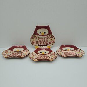 Temp-tations Old World Red Owl Appetizer Plates Owl Shaped Dessert Snack Plates